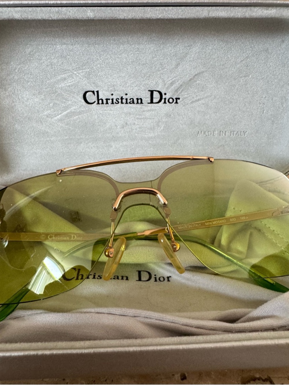 Vintage Christian Dior Mini Motaro Collection Green Lens Sunglasses with Gold